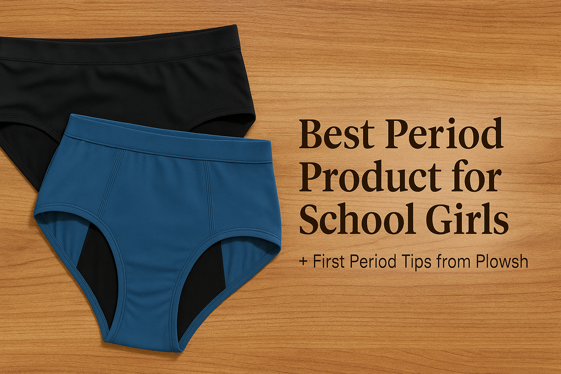 Reusable period panties for school girls – black and blue Plowsh underwear on wooden background with blog title: Best Period Product for School Girls + First Period Tips from Plowsh