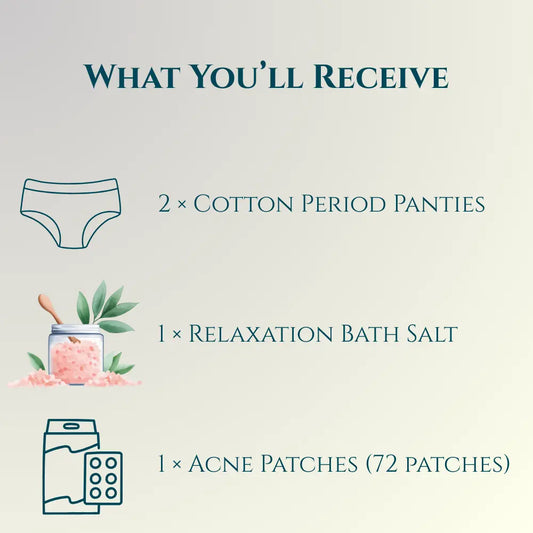 Period Comfort Essentials Kit | 2 Cotton Period Panties, Relaxation Bath Salt & Acne Patches