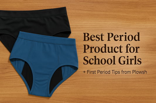Reusable period panties for school girls – black and blue Plowsh underwear on wooden background with blog title: Best Period Product for School Girls + First Period Tips from Plowsh