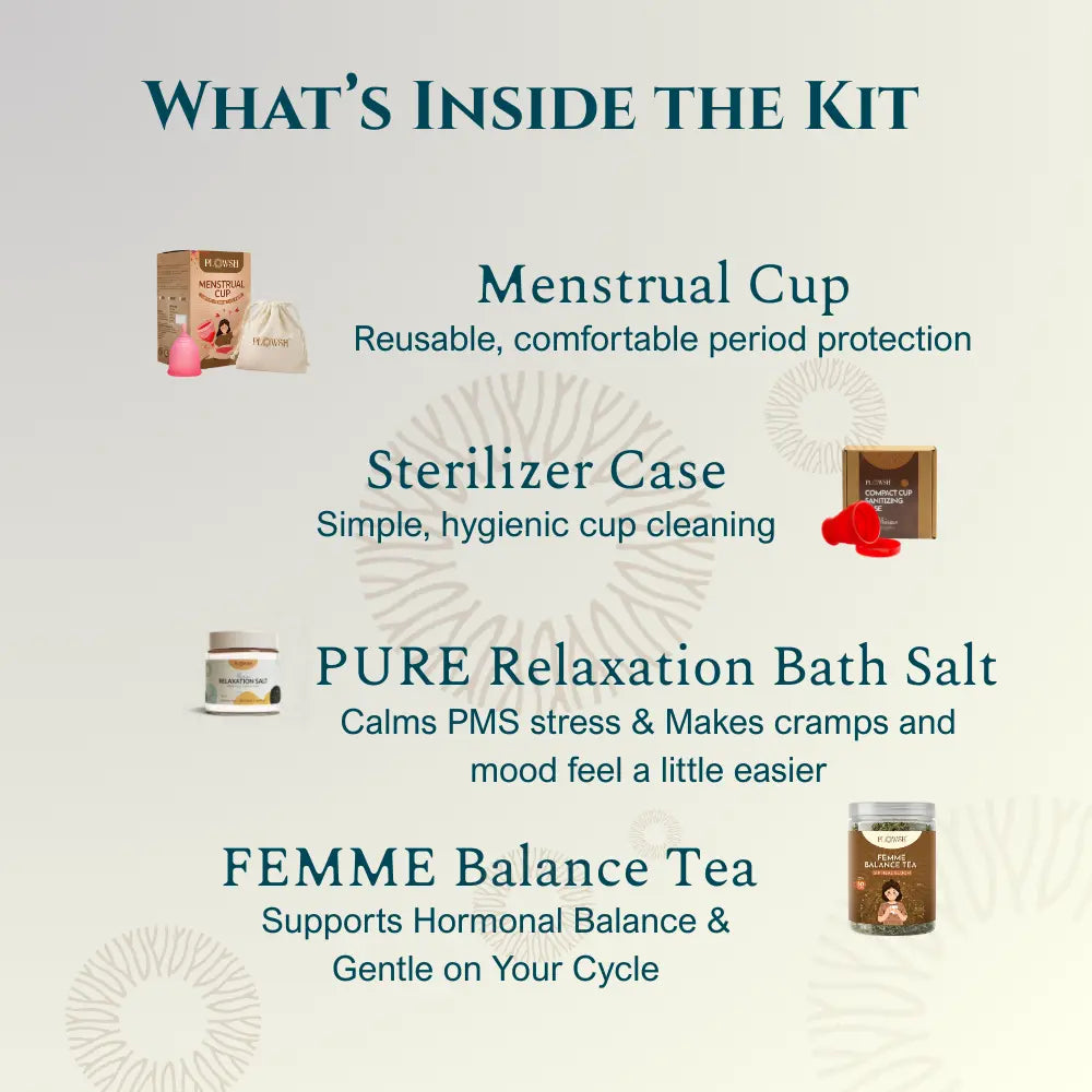Complete Period Comfort Kit | Menstrual Cup, Sterilizer, Relaxation Bath Salt & Herbal Femme Balance Tea