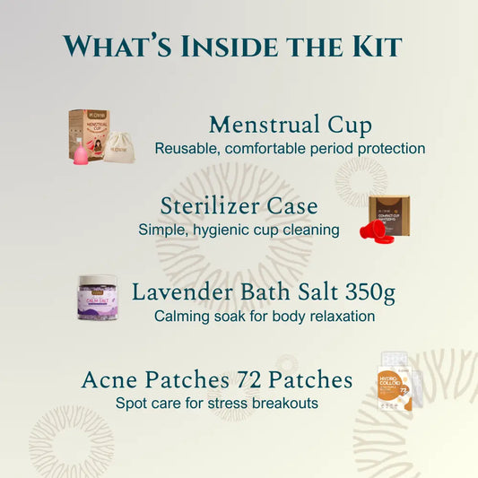 Complete Period Comfort Kit | Menstrual Cup, Sterilizer, Lavender Mineral Bath Salt & Acne Patches